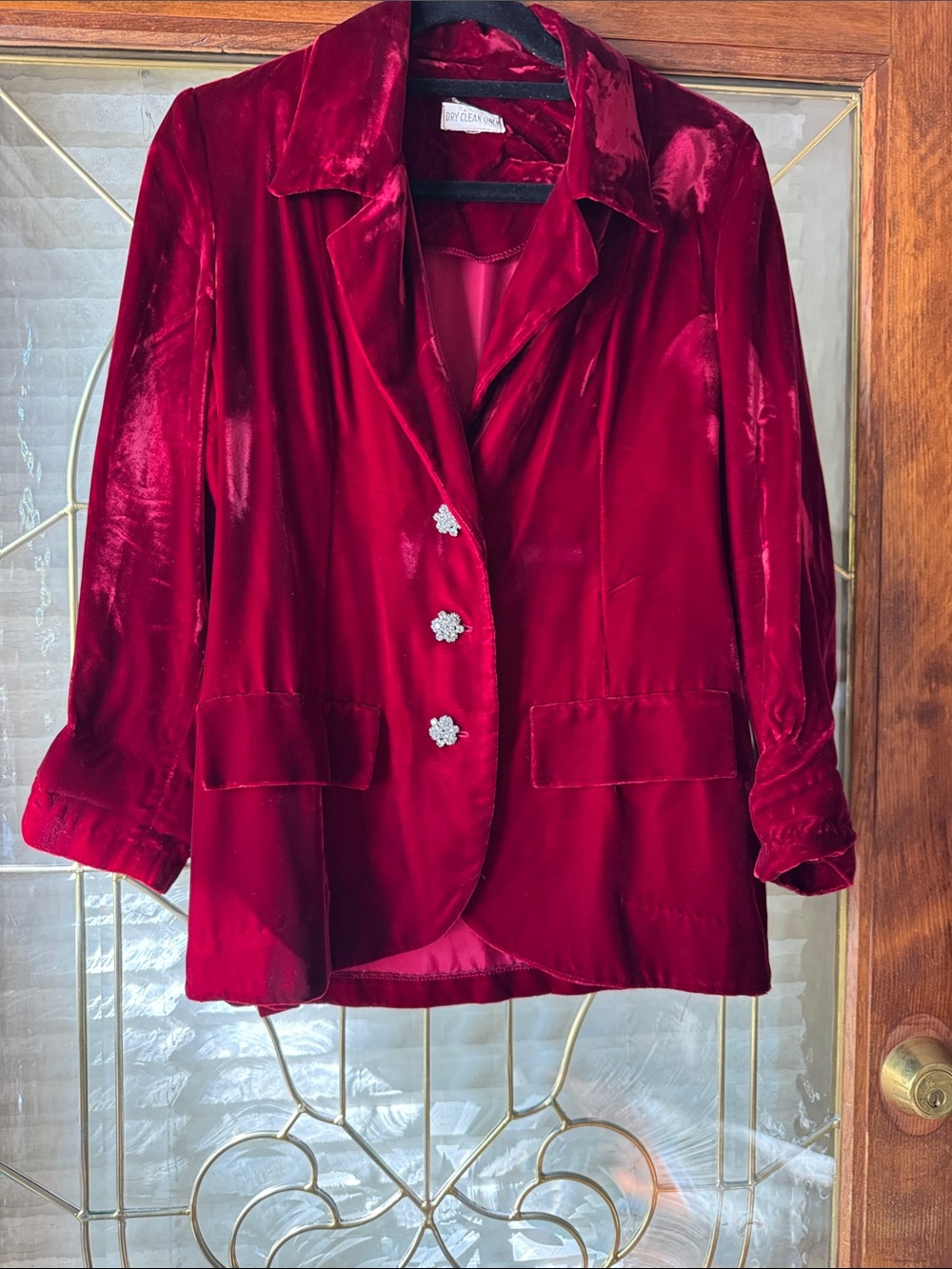 Women's Red Velvet Button-Down Blazer with Decorative Buttons